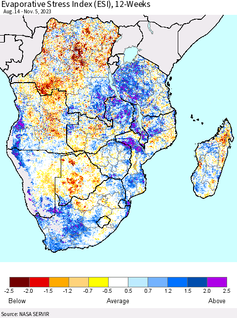 Southern Africa Evaporative Stress Index (ESI), 12-Weeks Thematic Map For 10/30/2023 - 11/5/2023