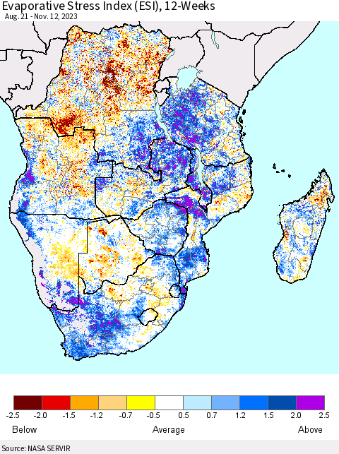 Southern Africa Evaporative Stress Index (ESI), 12-Weeks Thematic Map For 11/6/2023 - 11/12/2023