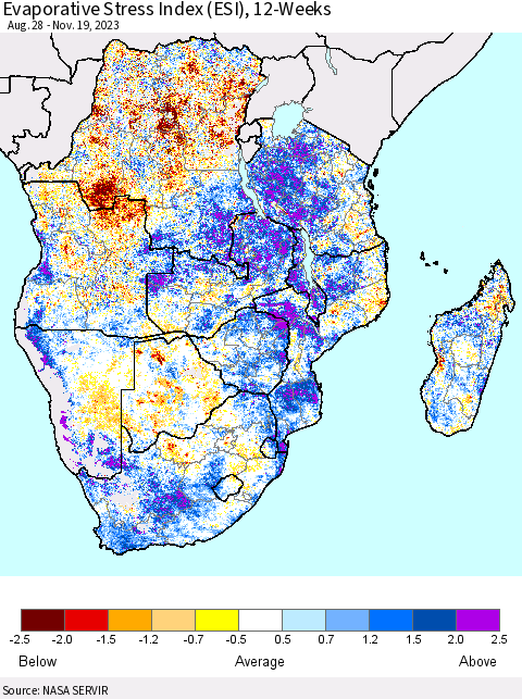 Southern Africa Evaporative Stress Index (ESI), 12-Weeks Thematic Map For 11/13/2023 - 11/19/2023