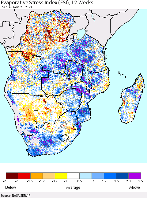 Southern Africa Evaporative Stress Index (ESI), 12-Weeks Thematic Map For 11/20/2023 - 11/26/2023