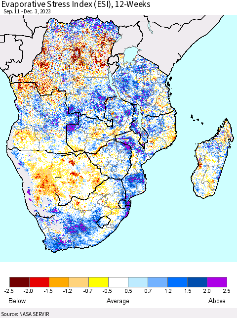 Southern Africa Evaporative Stress Index (ESI), 12-Weeks Thematic Map For 11/27/2023 - 12/3/2023