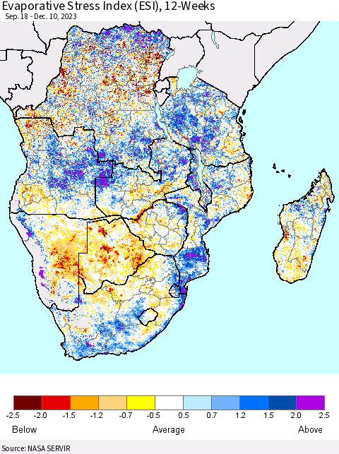 Southern Africa Evaporative Stress Index (ESI), 12-Weeks Thematic Map For 12/4/2023 - 12/10/2023