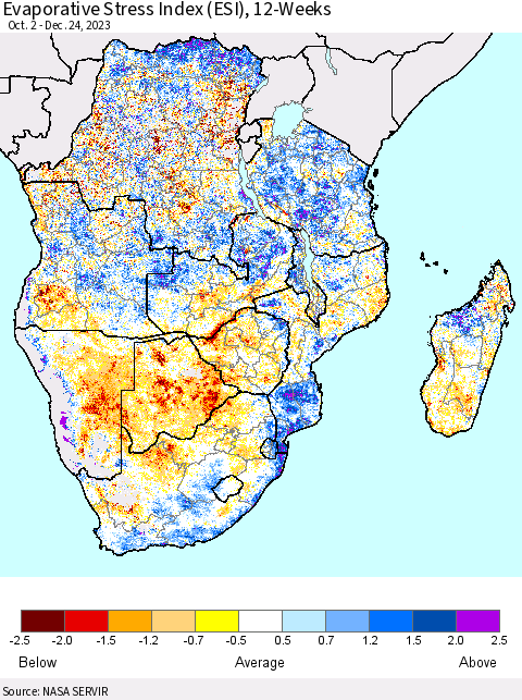 Southern Africa Evaporative Stress Index (ESI), 12-Weeks Thematic Map For 12/18/2023 - 12/24/2023