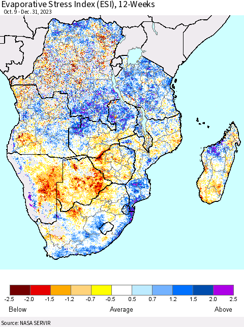Southern Africa Evaporative Stress Index (ESI), 12-Weeks Thematic Map For 12/25/2023 - 12/31/2023