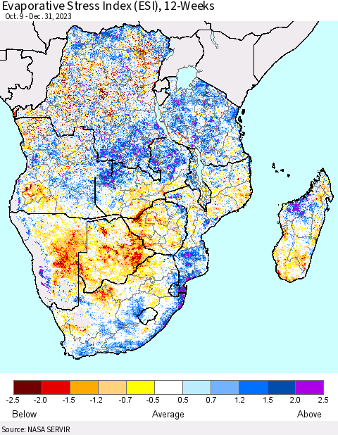 Southern Africa Evaporative Stress Index (ESI), 12-Weeks Thematic Map For 1/1/2024 - 1/7/2024