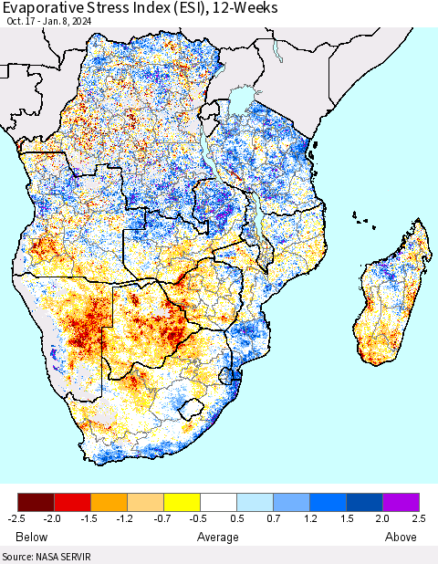 Southern Africa Evaporative Stress Index (ESI), 12-Weeks Thematic Map For 1/8/2024 - 1/14/2024