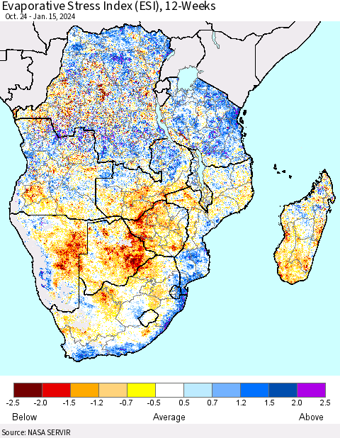 Southern Africa Evaporative Stress Index (ESI), 12-Weeks Thematic Map For 1/15/2024 - 1/21/2024