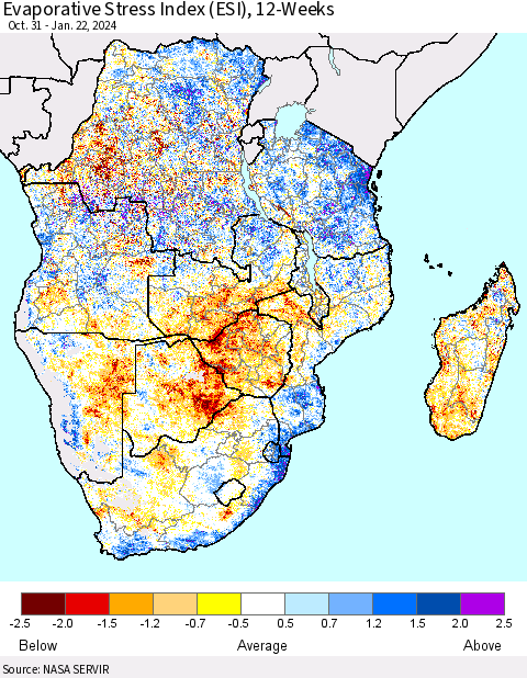 Southern Africa Evaporative Stress Index (ESI), 12-Weeks Thematic Map For 1/22/2024 - 1/28/2024