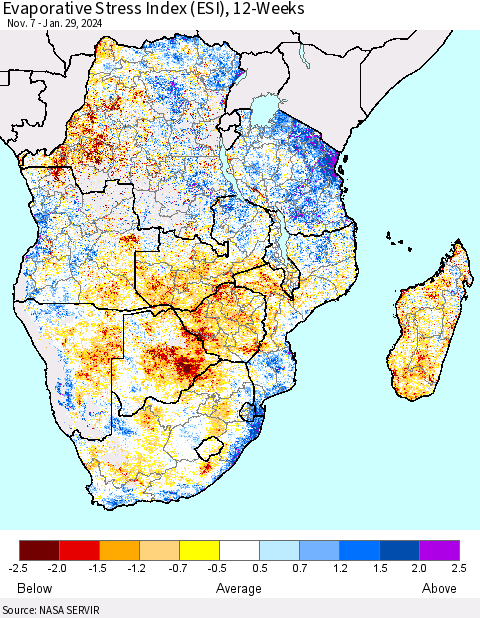 Southern Africa Evaporative Stress Index (ESI), 12-Weeks Thematic Map For 1/29/2024 - 2/4/2024