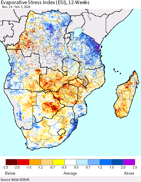 Southern Africa Evaporative Stress Index (ESI), 12-Weeks Thematic Map For 2/5/2024 - 2/11/2024
