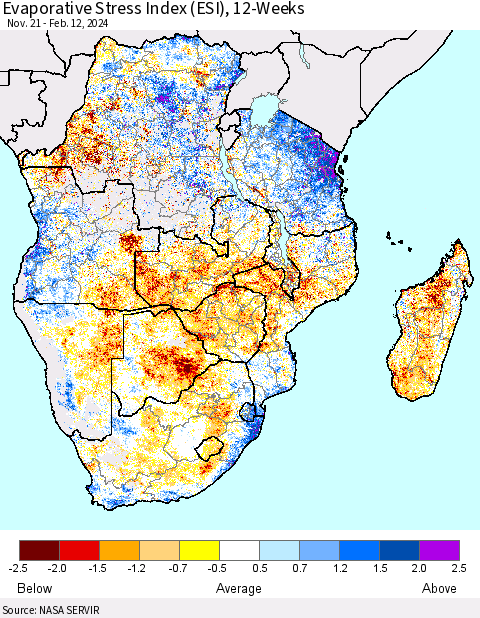 Southern Africa Evaporative Stress Index (ESI), 12-Weeks Thematic Map For 2/12/2024 - 2/18/2024