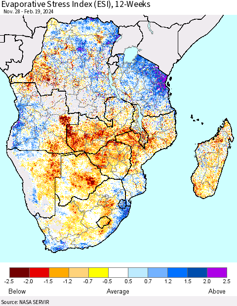 Southern Africa Evaporative Stress Index (ESI), 12-Weeks Thematic Map For 2/19/2024 - 2/25/2024