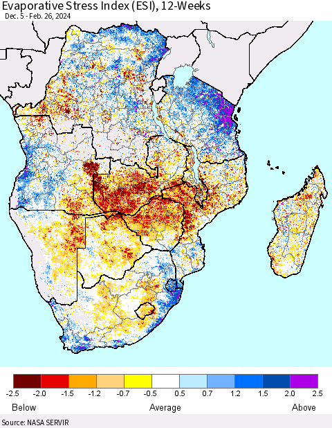 Southern Africa Evaporative Stress Index (ESI), 12-Weeks Thematic Map For 2/26/2024 - 3/3/2024