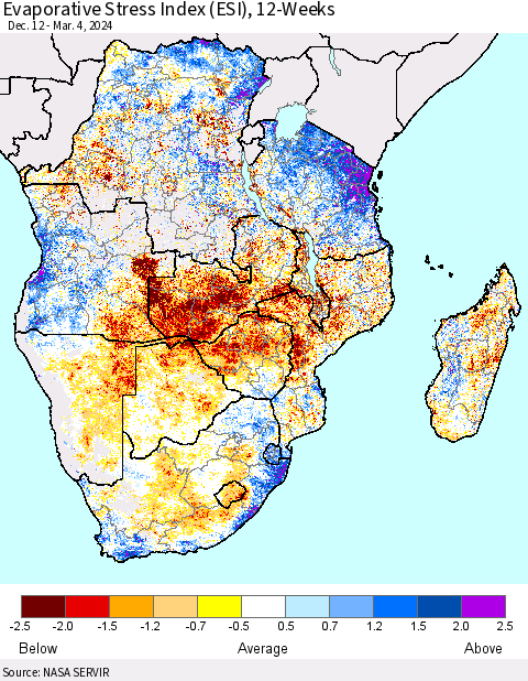 Southern Africa Evaporative Stress Index (ESI), 12-Weeks Thematic Map For 3/4/2024 - 3/10/2024