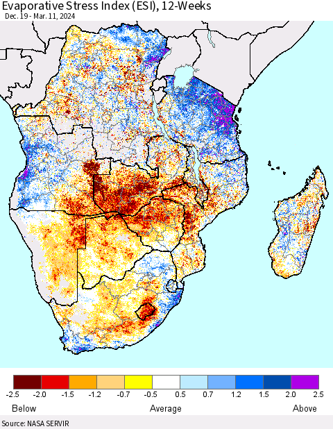Southern Africa Evaporative Stress Index (ESI), 12-Weeks Thematic Map For 3/11/2024 - 3/17/2024