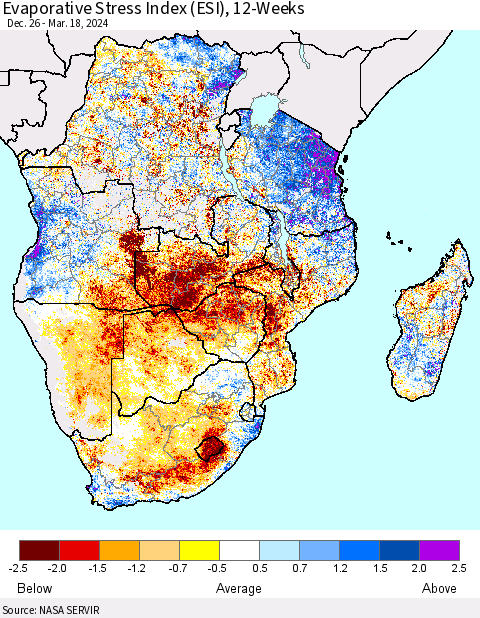 Southern Africa Evaporative Stress Index (ESI), 12-Weeks Thematic Map For 3/18/2024 - 3/24/2024