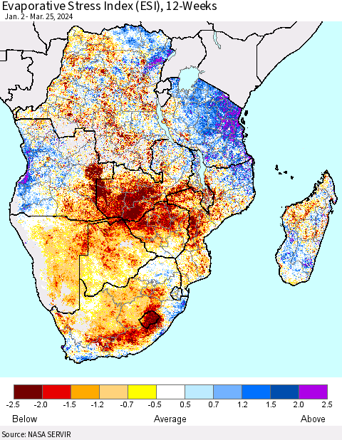 Southern Africa Evaporative Stress Index (ESI), 12-Weeks Thematic Map For 3/25/2024 - 3/31/2024
