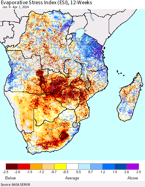 Southern Africa Evaporative Stress Index (ESI), 12-Weeks Thematic Map For 4/1/2024 - 4/7/2024