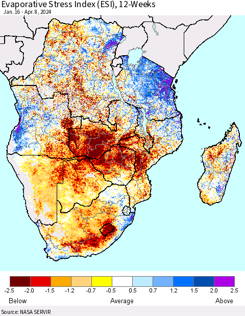Southern Africa Evaporative Stress Index (ESI), 12-Weeks Thematic Map For 4/8/2024 - 4/14/2024