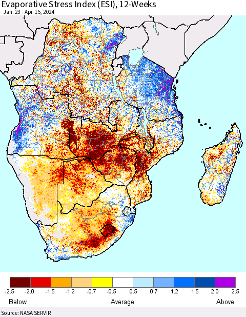 Southern Africa Evaporative Stress Index (ESI), 12-Weeks Thematic Map For 4/15/2024 - 4/21/2024