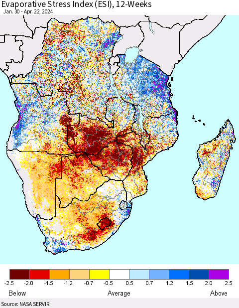 Southern Africa Evaporative Stress Index (ESI), 12-Weeks Thematic Map For 4/22/2024 - 4/28/2024