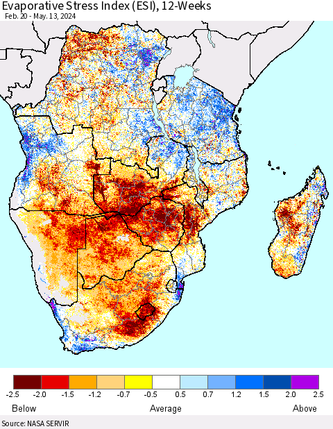 Southern Africa Evaporative Stress Index (ESI), 12-Weeks Thematic Map For 5/13/2024 - 5/19/2024