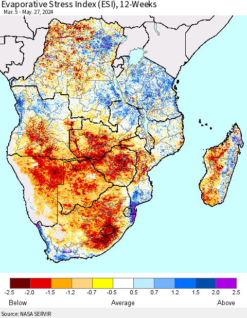 Southern Africa Evaporative Stress Index (ESI), 12-Weeks Thematic Map For 5/27/2024 - 6/2/2024
