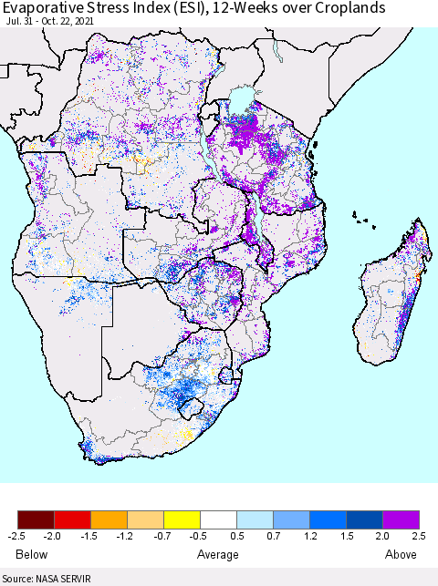 Southern Africa Evaporative Stress Index (ESI), 12-Weeks over Croplands Thematic Map For 10/18/2021 - 10/24/2021