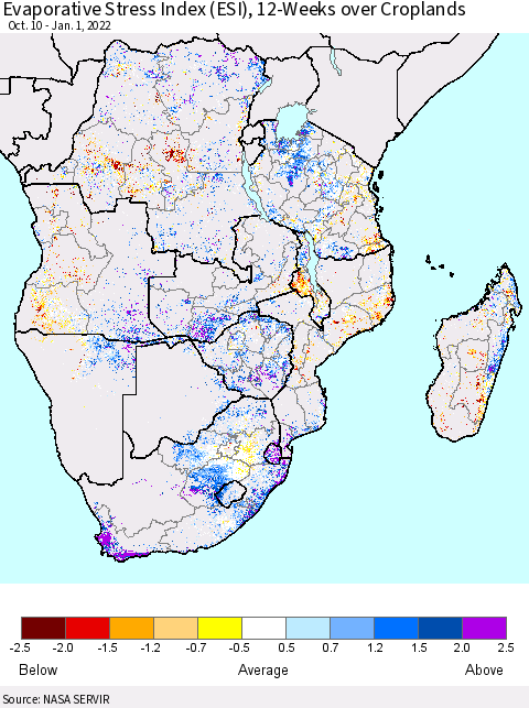 Southern Africa Evaporative Stress Index (ESI), 12-Weeks over Croplands Thematic Map For 12/27/2021 - 1/2/2022