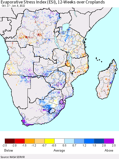 Southern Africa Evaporative Stress Index (ESI), 12-Weeks over Croplands Thematic Map For 1/3/2022 - 1/9/2022