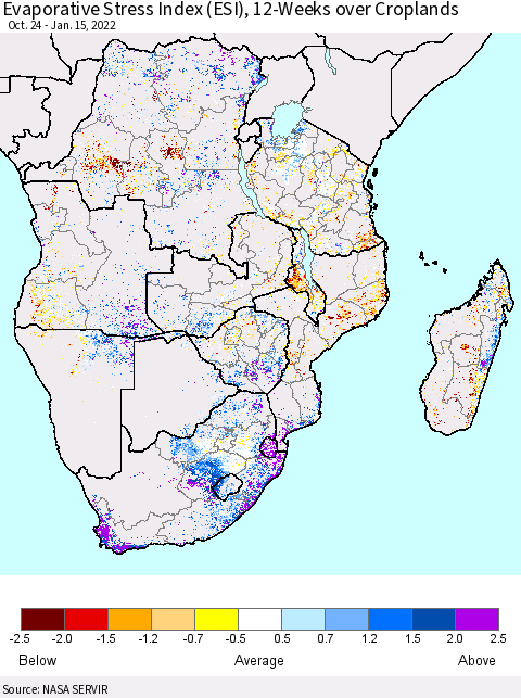 Southern Africa Evaporative Stress Index (ESI), 12-Weeks over Croplands Thematic Map For 1/10/2022 - 1/16/2022