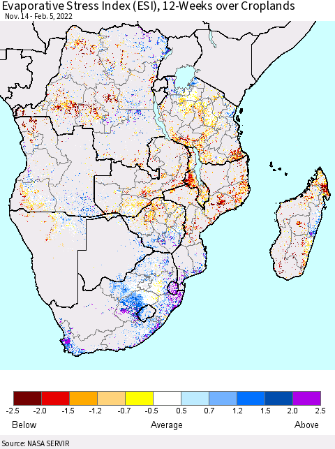 Southern Africa Evaporative Stress Index (ESI), 12-Weeks over Croplands Thematic Map For 1/31/2022 - 2/6/2022