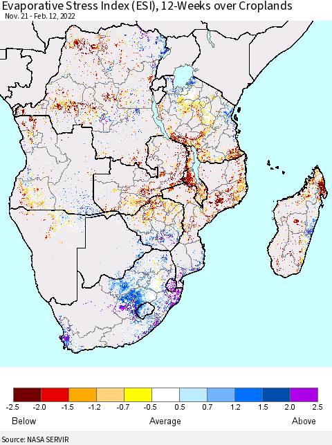 Southern Africa Evaporative Stress Index (ESI), 12-Weeks over Croplands Thematic Map For 2/7/2022 - 2/13/2022