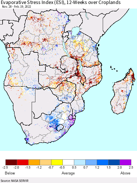 Southern Africa Evaporative Stress Index (ESI), 12-Weeks over Croplands Thematic Map For 2/14/2022 - 2/20/2022
