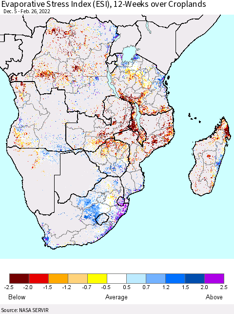 Southern Africa Evaporative Stress Index (ESI), 12-Weeks over Croplands Thematic Map For 2/21/2022 - 2/27/2022