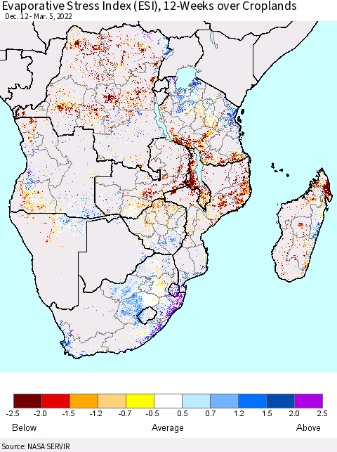 Southern Africa Evaporative Stress Index (ESI), 12-Weeks over Croplands Thematic Map For 2/28/2022 - 3/6/2022