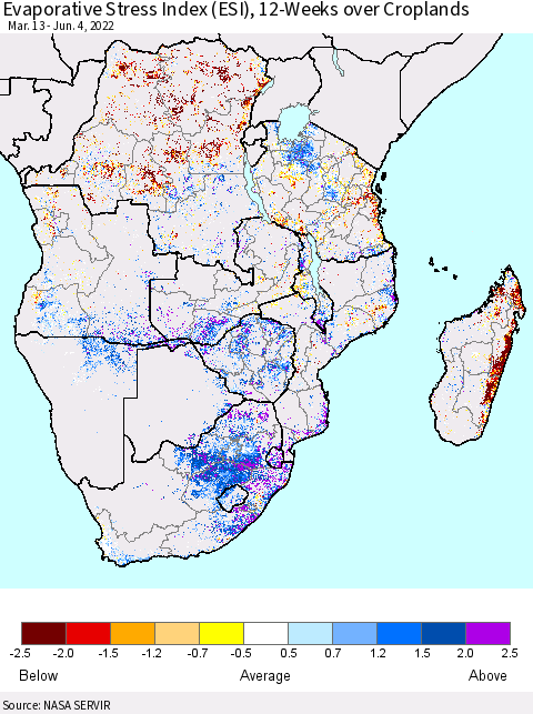 Southern Africa Evaporative Stress Index (ESI), 12-Weeks over Croplands Thematic Map For 5/30/2022 - 6/5/2022