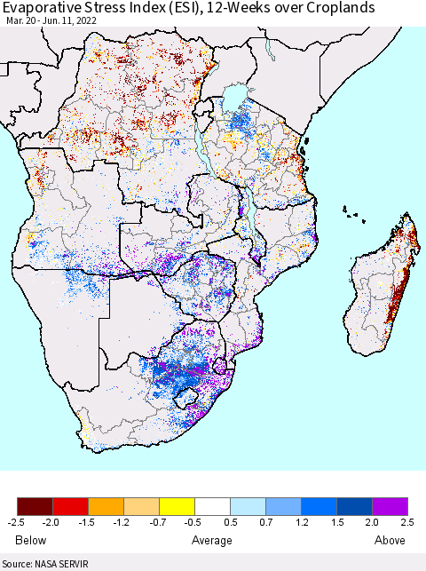 Southern Africa Evaporative Stress Index (ESI), 12-Weeks over Croplands Thematic Map For 6/6/2022 - 6/12/2022