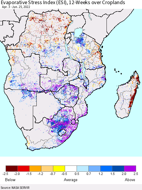 Southern Africa Evaporative Stress Index (ESI), 12-Weeks over Croplands Thematic Map For 6/20/2022 - 6/26/2022