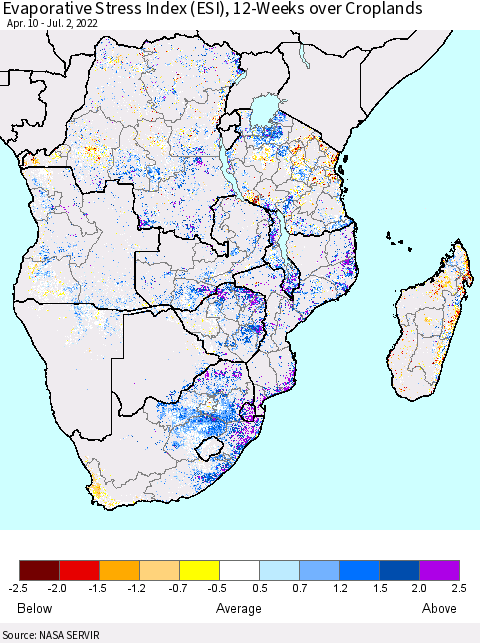 Southern Africa Evaporative Stress Index (ESI), 12-Weeks over Croplands Thematic Map For 6/27/2022 - 7/3/2022