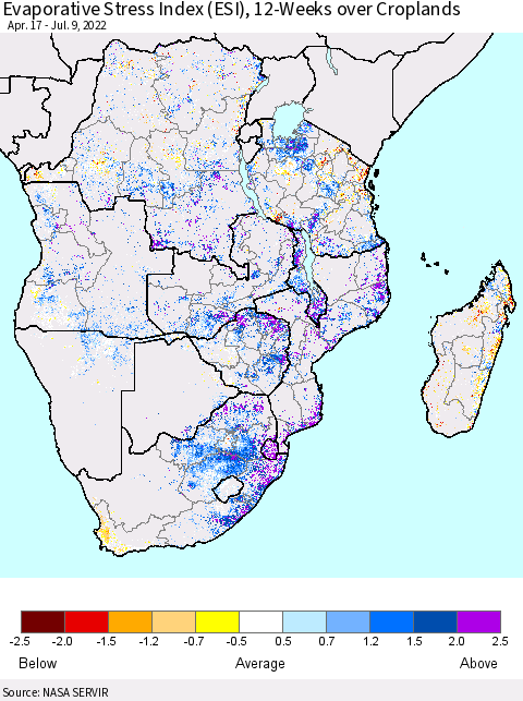 Southern Africa Evaporative Stress Index (ESI), 12-Weeks over Croplands Thematic Map For 7/4/2022 - 7/10/2022