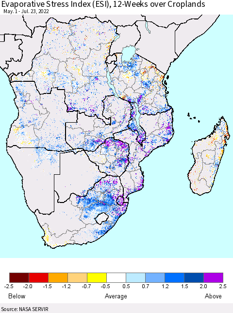 Southern Africa Evaporative Stress Index (ESI), 12-Weeks over Croplands Thematic Map For 7/18/2022 - 7/24/2022