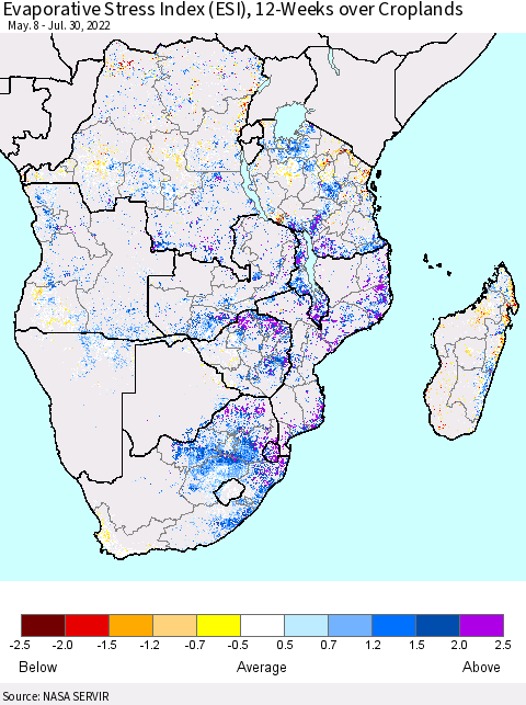 Southern Africa Evaporative Stress Index (ESI), 12-Weeks over Croplands Thematic Map For 7/25/2022 - 7/31/2022
