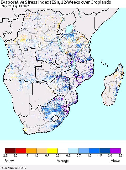 Southern Africa Evaporative Stress Index (ESI), 12-Weeks over Croplands Thematic Map For 8/8/2022 - 8/14/2022