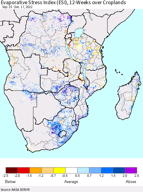 Southern Africa Evaporative Stress Index (ESI), 12-Weeks over Croplands Thematic Map For 12/12/2022 - 12/18/2022
