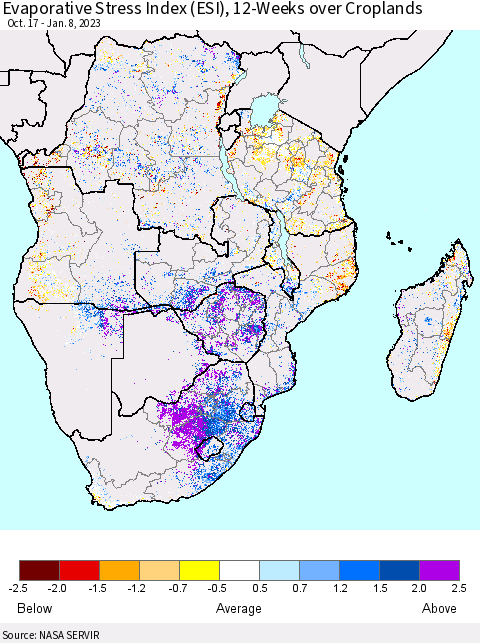Southern Africa Evaporative Stress Index (ESI), 12-Weeks over Croplands Thematic Map For 1/2/2023 - 1/8/2023