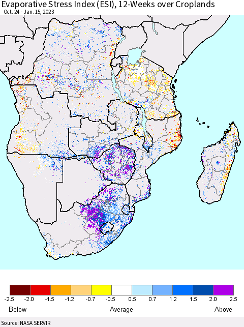 Southern Africa Evaporative Stress Index (ESI), 12-Weeks over Croplands Thematic Map For 1/9/2023 - 1/15/2023
