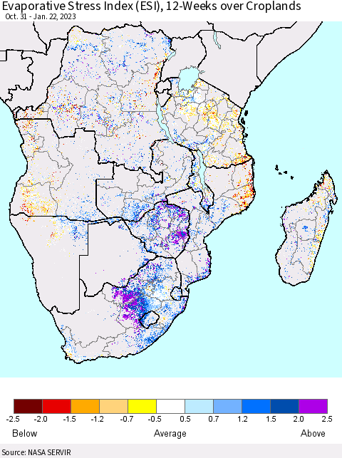 Southern Africa Evaporative Stress Index (ESI), 12-Weeks over Croplands Thematic Map For 1/16/2023 - 1/22/2023