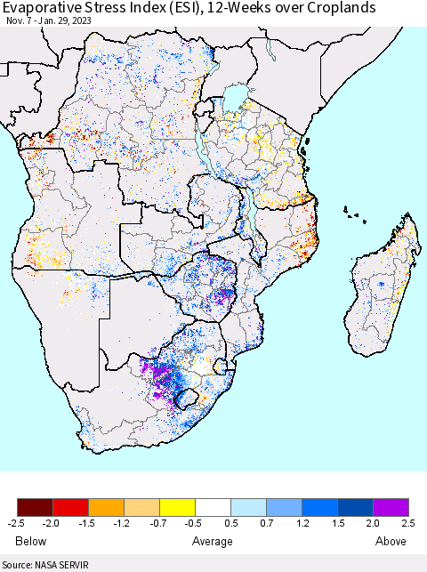 Southern Africa Evaporative Stress Index (ESI), 12-Weeks over Croplands Thematic Map For 1/23/2023 - 1/29/2023