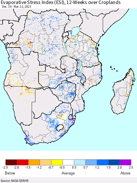 Southern Africa Evaporative Stress Index (ESI), 12-Weeks over Croplands Thematic Map For 3/6/2023 - 3/12/2023